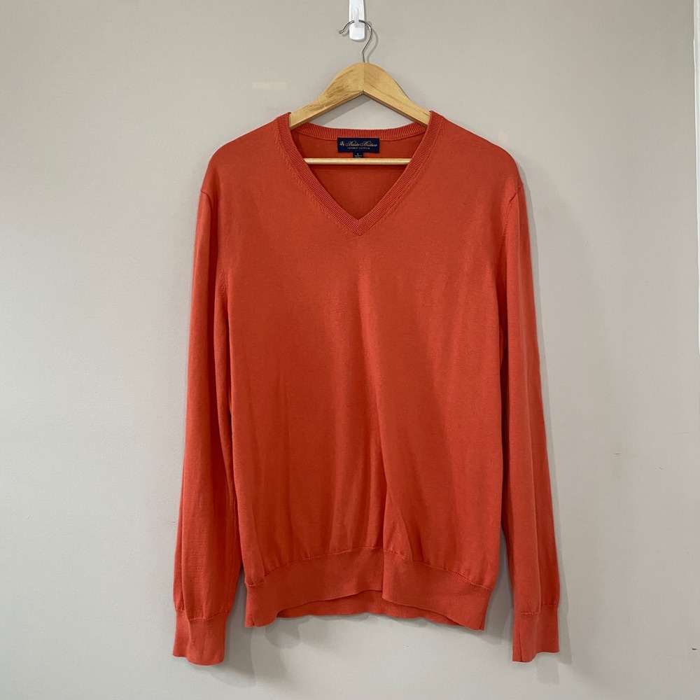 Brooks Brothers Mens Large Orange 100% Supima Cotton V-Neck Knit Sweater L